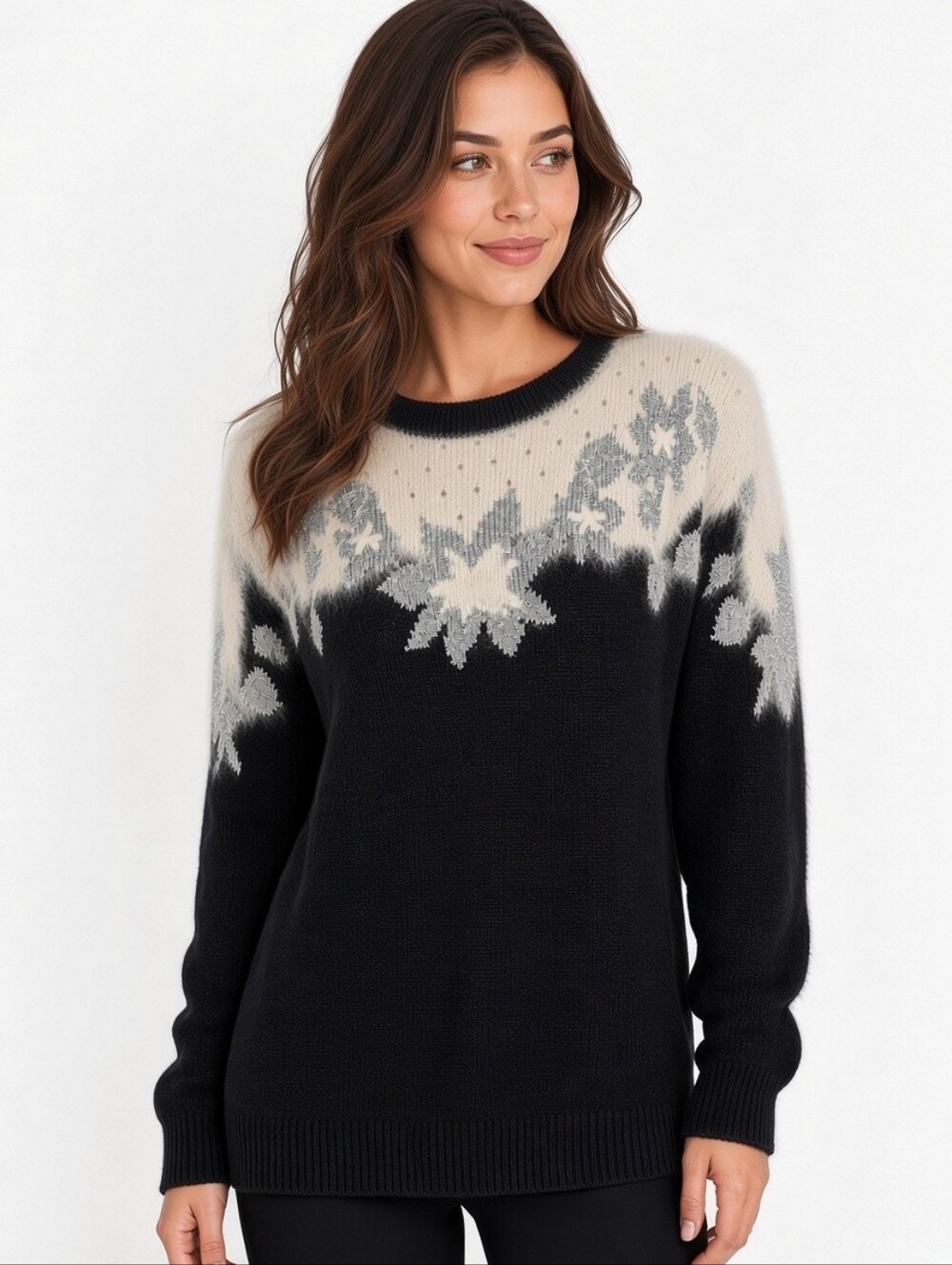 Vintage 90's Black Lambswool Blend Crewneck Sweater with White Angora Yoke